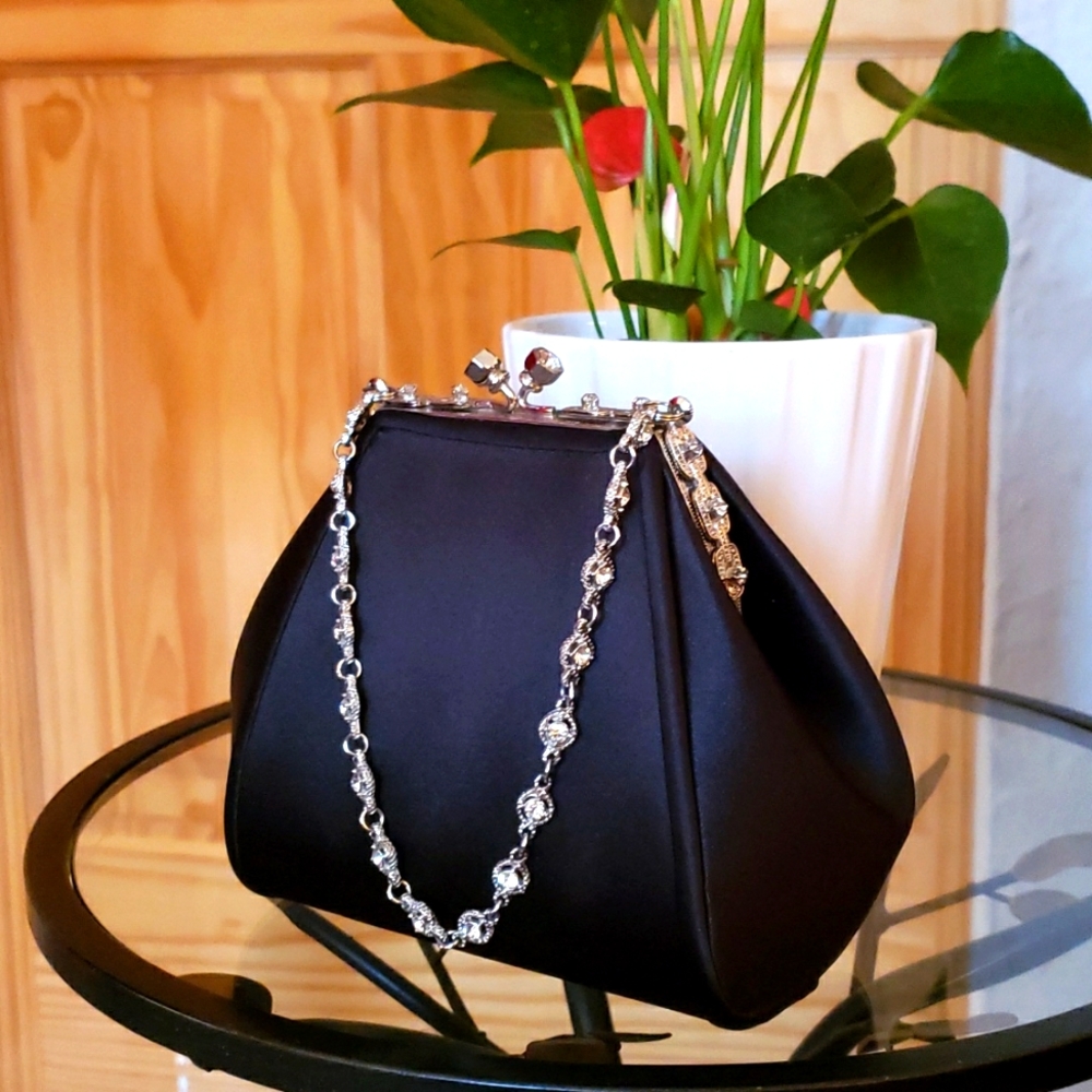Black Satin Evening Clutch with Decorative Silver Chain